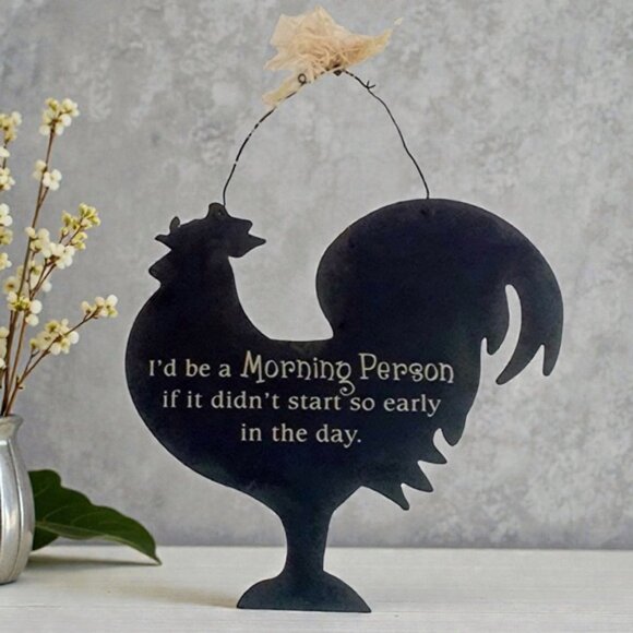 Metal Rooster Hanging Metal Wall Sign Morning Saying Primitive Farmhouse Black - Picture 4 of 14